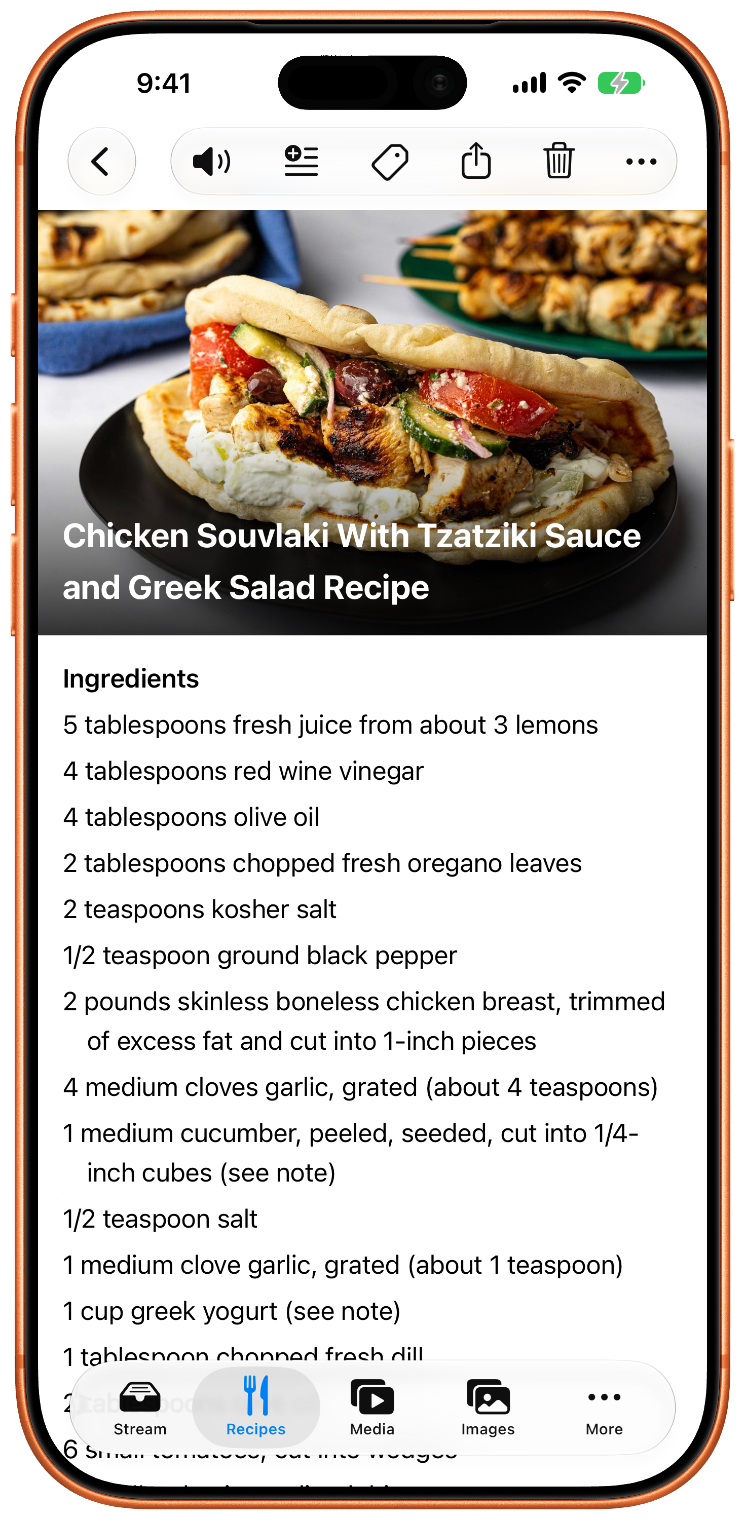 Screenshot: a recipe, parsed out